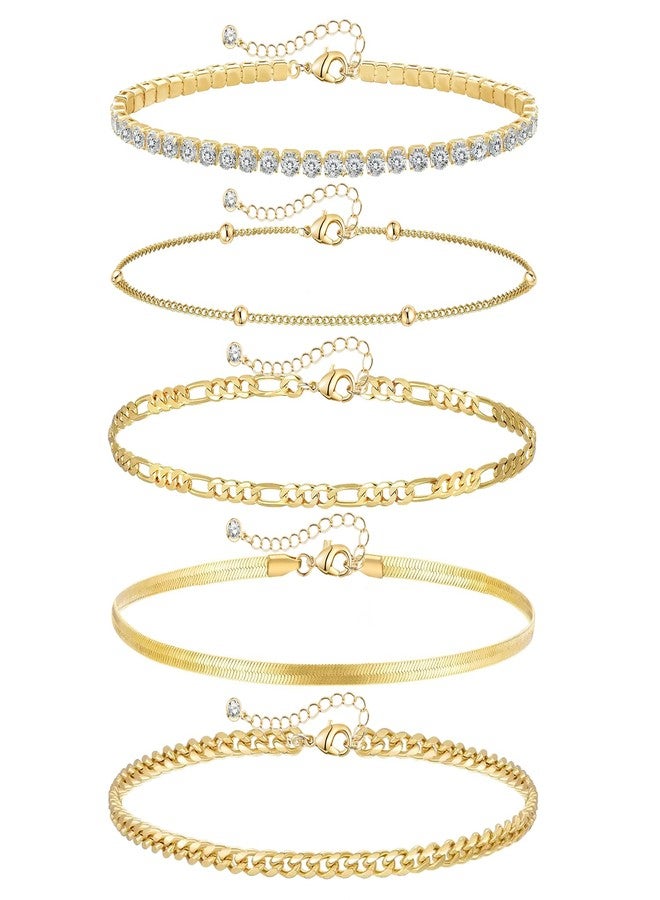 MYYOII Gold Ankle Bracelets for Women,14k Gold Plated Anklets Waterproof Cuban Link Tennis Herringbone Beaded Chain Anklets Set Layered Anklet Bracelets for Women Adjustable Summer Beach Jewelry 5pcs - Image 1